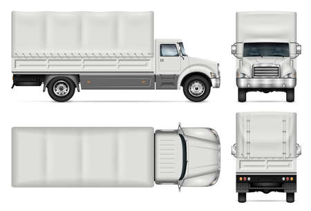 Truck with awning vector mockup on white for vehicle branding, corporate identity. View from side, front, back, top. All elements in the groups on separate layers for easy editing and recolor.のイラスト素材