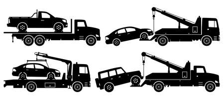 Tow trucks silhouette on white background. Vehicle icons set view from sideのイラスト素材