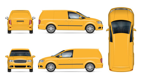 Delivery minivan vector mockup on white background for vehicle branding, corporate identity. Side, front, back, top view. All elements in the groups on separate layers for easy editing and recolorのイラスト素材