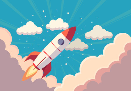 A rocket flies through the clouds into space vector illustration. Space ship launch business concept in simple colors, flat design.のイラスト素材
