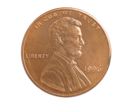 One cent coin with Lincoln bas-relief on white