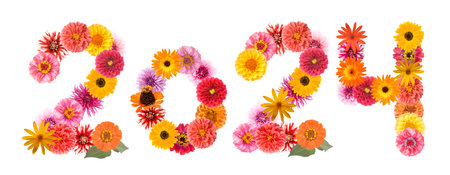 Inscription 2024 from different flowers isolated on white background. Happy New Year.の写真素材