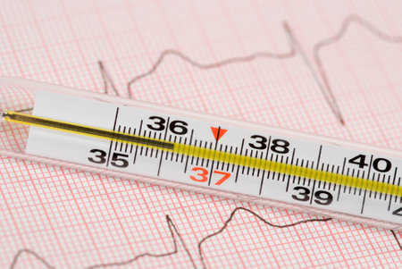 clinical mercurial thermometer on the background of cardiogramの写真素材
