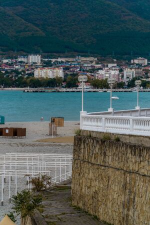 Picturesque embankment of Gelendzhik with lanterns in early autumn.の写真素材