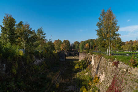 Russia. Kronshtadt. Picturesque autumn views of the historic Petrovsky dock in Kronstadt.