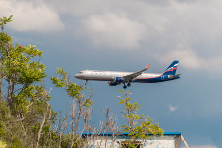 Russia. Krasnodar region. A passenger plane comes in to land from the Black sea at the airport in Gelendzhik.のeditorial素材