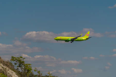 Russia. Krasnodar region. A passenger plane comes in to land from the Black sea at the airport in Gelendzhik.のeditorial素材