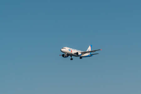 Russia. Krasnodar region. A passenger plane comes in to land from the Black sea at the airport in Gelendzhik.のeditorial素材