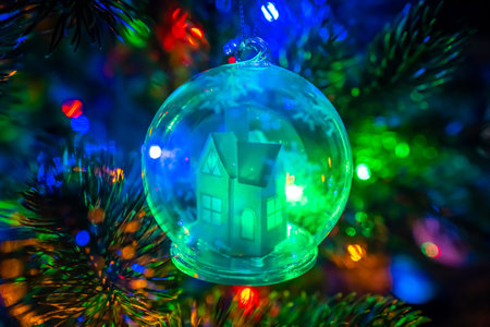 Christmas decoration for Christmas tree snow glowing fairy house in a glass bowl.の写真素材