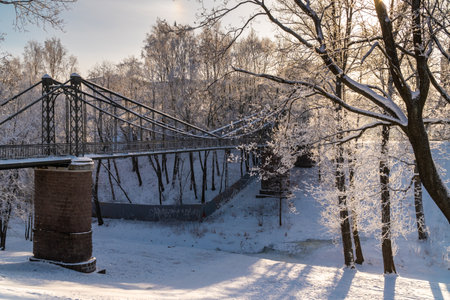 Russia. Winter view of the hanging Makarovsky Bridge over the ravine of the Petrovsky dock in Kronstadt.のeditorial素材