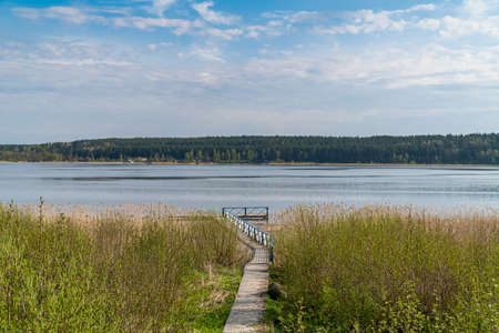 Russia. May 15, 2021. Morning spring landscape in warm sunny weather on Sukhodolsky Lake in the Leningrad region.のeditorial素材