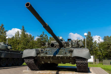 Russia. Leningrad region. September 10, 2021. The average Soviet main battle tank T-80 near the...