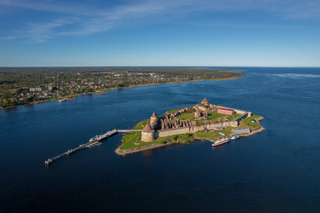 Russia. Leningrad region. September 10, 2021. View of the Oreshek fortress near the city of Shlisselburg in sunny weather from a bird's-eye view.のeditorial素材