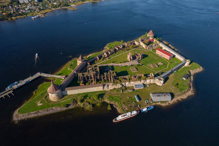 Russia. Leningrad region. September 10, 2021. View of the Oreshek fortress near the city of Shlisselburg in sunny weather from a bird's-eye view.のeditorial素材