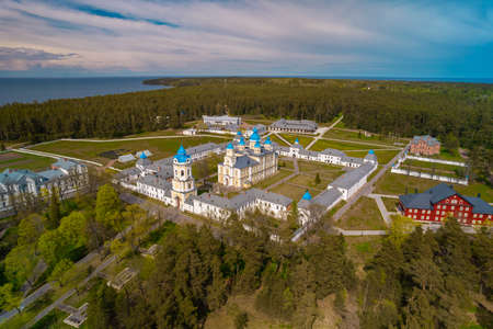 Russia. Leningrad region. May 29, 2022. View of the Konevetsky Nativity-Theotokos Monastery from a birds-eye view.の写真素材