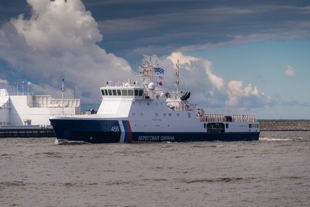 Russia. Kronstadt. July 31, 2022. A Coast Guard ship on a Navy parade.の写真素材