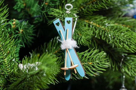 Russia. Kronstadt. January 19, 2023. Festive decoration toy - skis with sticks on the Christmas tree.の写真素材