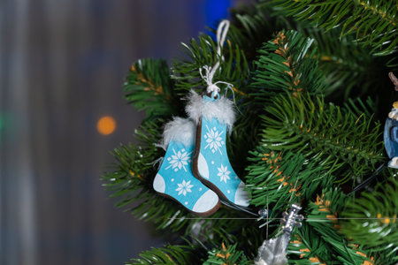 Russia. Kronstadt. January 19, 2023. Festive decoration in the form of a pair of blue socks on a...