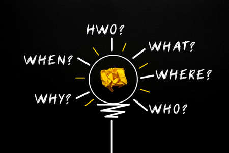Blackboard With Questions. Crumpled paper on a blackboard with the words when, why, what, who,...