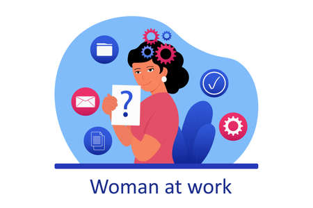 critical thinking concept. Girl analyzes graphs and diagrams, works with statistics. Operating with facts and type of thinking, evaluation of information, logic. cartoon flat vectoのイラスト素材
