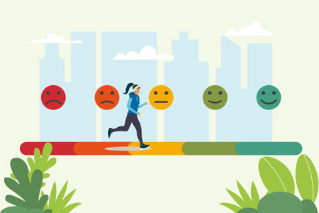 Businessman running in the city with sad and happy face. vector illustrationのイラスト素材