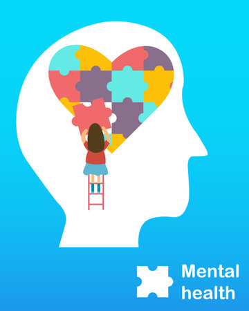 Human head with puzzle heart and ladder. mental health concept. vector illustrationのイラスト素材