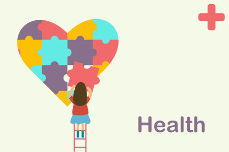 health concept. Vector illustration of a girl with a heart shaped puzzleのイラスト素材