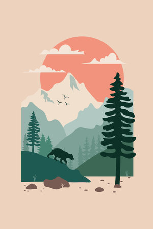 Mountain landscape with forest and wild animals. Flat style vector illustration.のイラスト素材