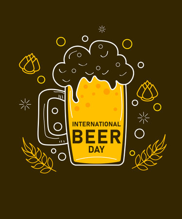 international beer day. Vector illustration with glass of beer on brown background. Happy beer day, National Beer Day.のイラスト素材