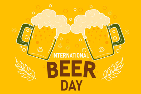 International Beer Day. Vector illustration with beer glasses on yellow background. Happy beer day, National Beer Day.のイラスト素材