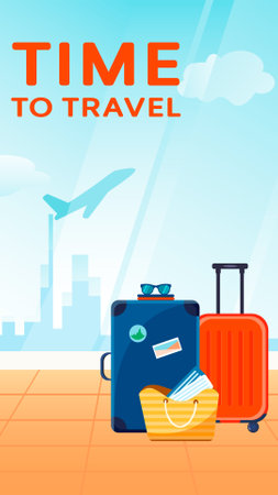 Time to travel banner. Vector illustration with luggage and airplane on background.のイラスト素材