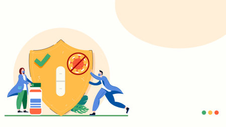 Insurance concept vector illustration. Cartoon flat tiny man and woman characters running with shield and pills. Health care and medical insurance.のイラスト素材