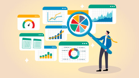Flat design vector illustration concept of business analytics, data analysis, financial reporting research. Businessman looking through a magnifying glass.のイラスト素材