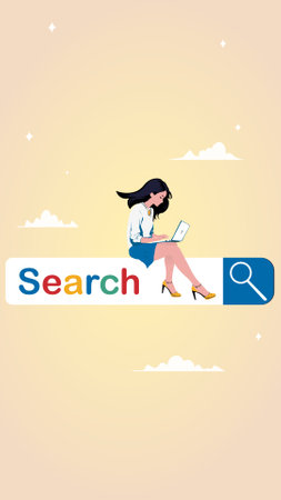 Vector illustration of seo search bar with woman working on laptop.のイラスト素材