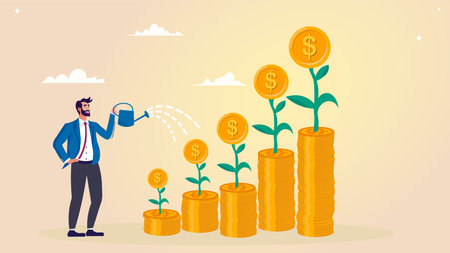 Businessman watering money tree growing from pile of coins. Vector illustrationのイラスト素材