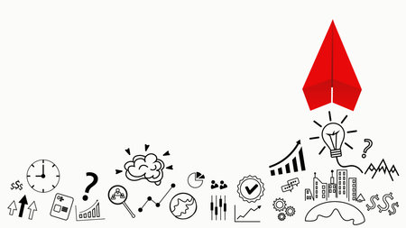 Red paper plane with business icons on white background. Vector illustration. Business Startup and Innovation Concept with a Red Paper Airplaneのイラスト素材