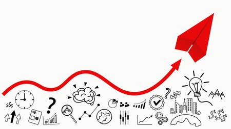 Business Startup and Innovation Concept with a Red Paper Airplane. Red paper plane on a white background with different business icons and symbolsのイラスト素材