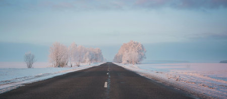 Winter road in the countryside. Beautiful winter landscape with snow covered trees.