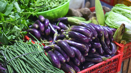 Anti-inflammatory veggies display wellness aisle pan, pan reveals nutrient-rich produce row with fresh assortment, colorful vegetable sweep for routine, wellness moment, suitable debloating ads.の写真素材