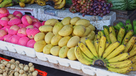 Colorful display of organic products at retail market, colorful display featuring oranges, bananas and nuts arranged attractively, vibrant colorful display appealing to shoppers, ideal for retailの写真素材