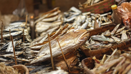 Nostalgic dried fish display market traditions family stall, nostalgic dried fish display highlights fresh row with cultural variety, colorful scene, display moment, fits nostalgic family cooking ads.の写真素材