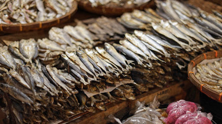 Filipino-style dried fish selection authentic home cooking market, dried fish selection shows fresh row with colorful variety, healthy scene, selection moment, suitable for international recipe videosの写真素材