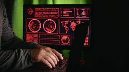 Quantum computing expert experimenting algorithms in dark lab setup, expert simulating quantum encryption models, expert advancing next gen tech frontiers, for quantum innovation research campaignsの写真素材