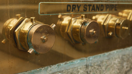 Closeup emergency standpipe coupling insitu inside concrete frame, fire safety trainer demonstrates attachment and function, warm metallic luster and functional hardware emphasized, training scenarioの写真素材