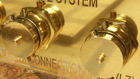 Fire inlet check, facility manager inspects fire inlet during maintenance, routine check of bronze fire inlet by facility personnel, maintenance worker conducts inspection of bronze fire inlet capの写真素材