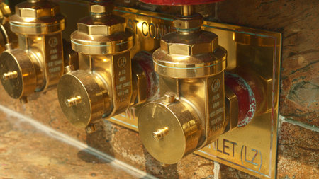 Inspecting brass pipe connectors, maintenance inspector examining corrosion on brass standpipe connectors, detail shot of brass pipe inlet and fire inspector checking seals against marble surfaceの写真素材