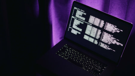 Training logs shown, Engineers monitor training metrics, Ambient purple glow enhances testing atmosphere, Focused computational work alongside continuous model evaluation during training phaseの写真素材