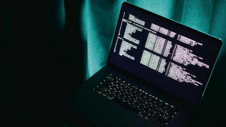 Laptop analyzes logs, Data overview seen on quiet screen, Focused examination of logs and charts...