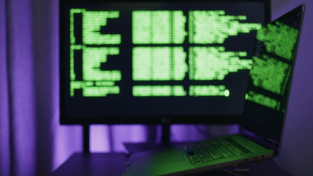 Nighttime coding review Developer examines code with glowing effects Laptop screen displays green code and purple illumination Quiet latenight environment with terminal output and debugging activitiesの写真素材