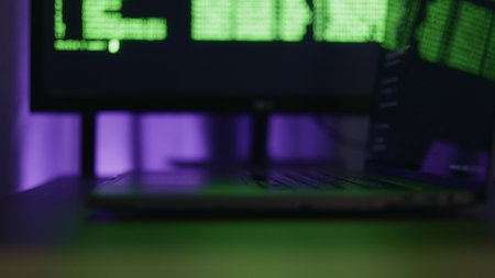 Digital art background, Contemporary colorful tech imagery, Futuristic computer scene with vivid lighting effects, Abstract digital environment showcasing luminous colors and soft focus detailsの写真素材